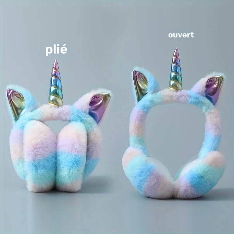 Cache-Oreilles Licorne Femme & Enfant – Pliable, Multicolore en Fausse Fourrure, Ultra Doux et Fantaisie