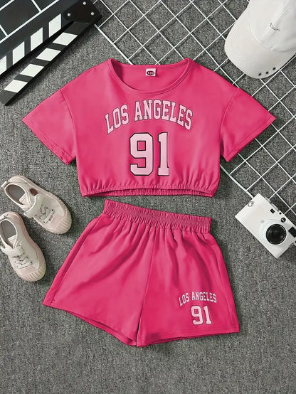 Chemise fille jaune style crop top avec imprimé Los Angeles, coloris Rose rouge