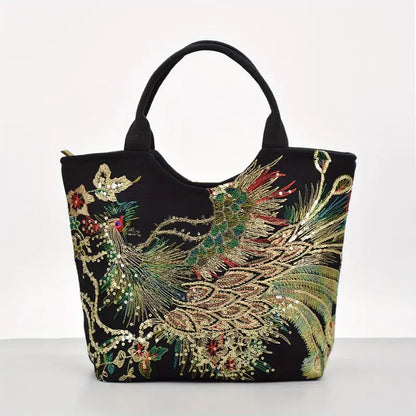 Sac Porté Épaule Femme Brodé Motif Paon Doré sur Fond Bleu – Élégant et Original