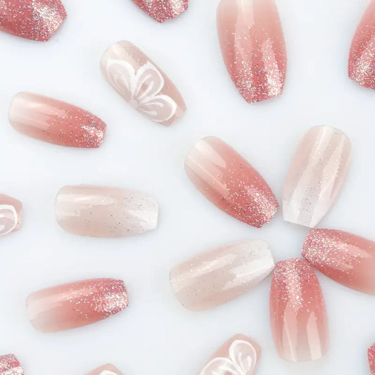 Kit Faux Ongles Rose Pailleté avec Strass et Autocollants – Manucure Press-On Élégante et Facile à Appliquer