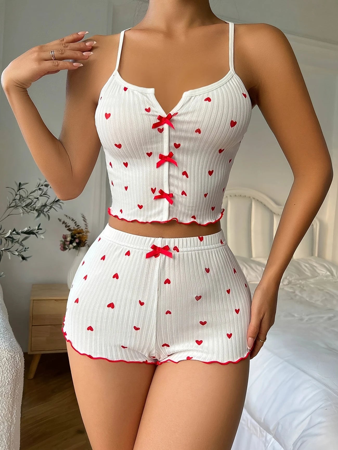 Pyjama Femme Été Côtelé Rose – Ensemble 2 Pièces Débardeur & Short à Cœurs