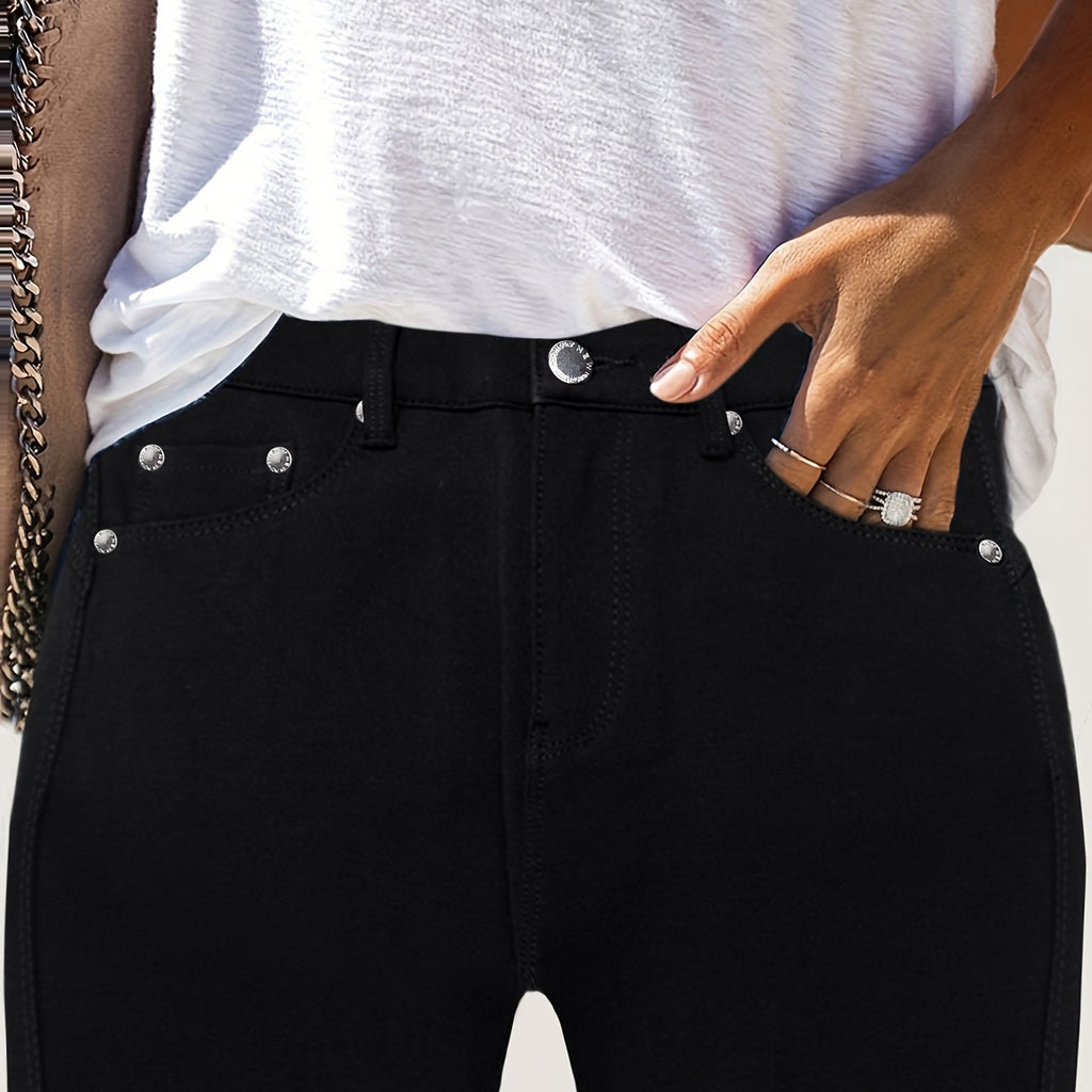 Jean Femme Taille Haute – Coupe Skinny & Boutons Métalliques, coloris Noir