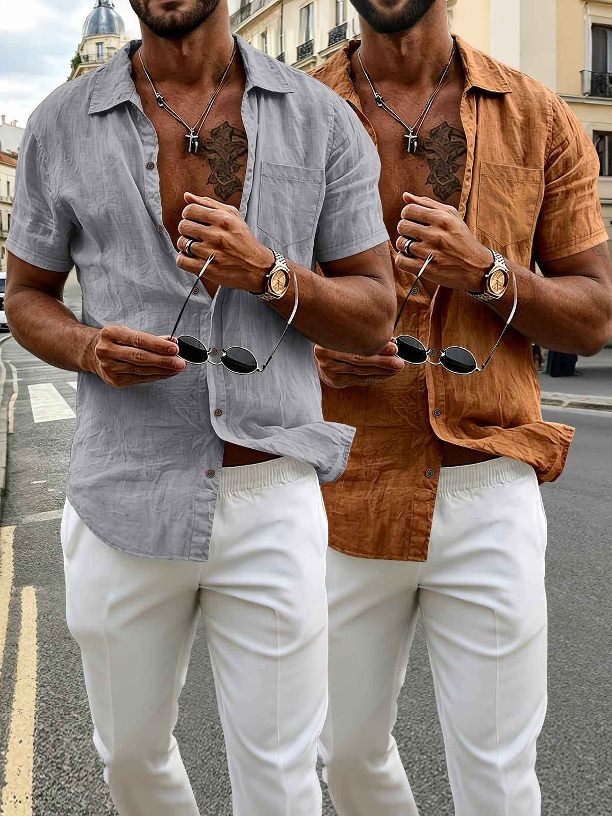 Lot de 2 chemises Henley à manches courtes en lin pour homme