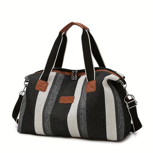 Sac de Voyage Rayé en Tissu Résistant – Cabine Week-End Grande Capacité avec Bandoulière Amovible