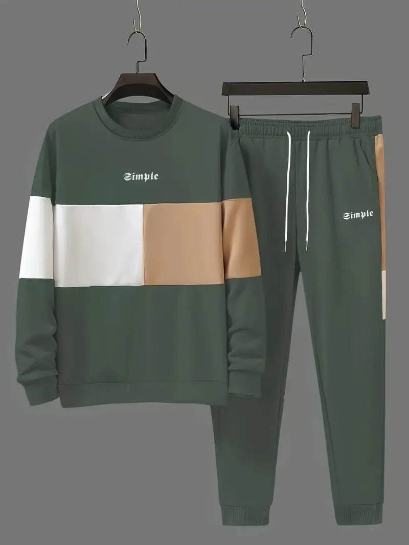 Ensemble de sport homme – Sweat et pantalon jogging – Design color block bleu, beige et blanc