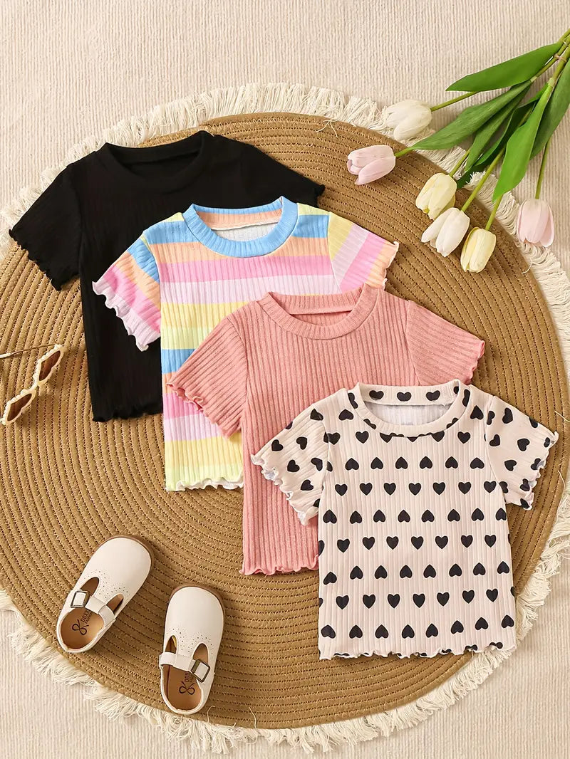 T-shirt Fille Côtelé Manches Courtes – Hauts Enfant Confortables et Tendance en Lot Multicolore