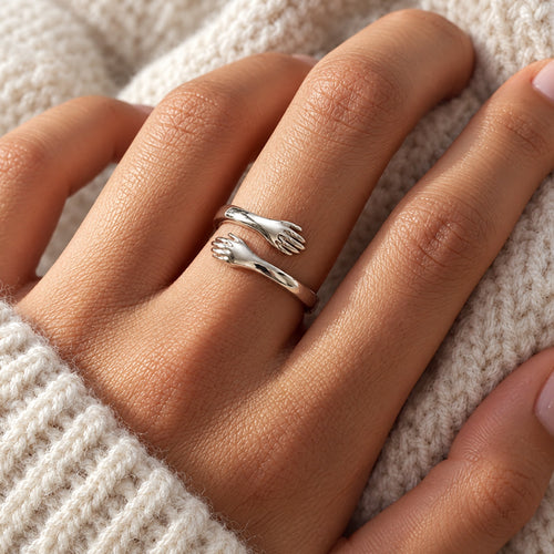Bague Câlin Ajustable en Argent 925 – Deux Mains Enlacées