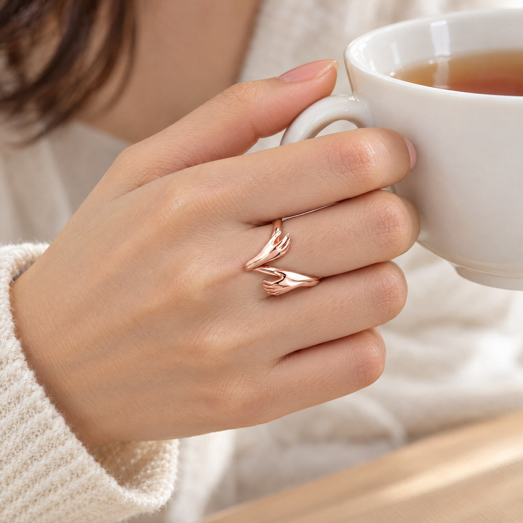 Bague Câlin Ajustable en Argent 925 – Deux Mains Enlacées