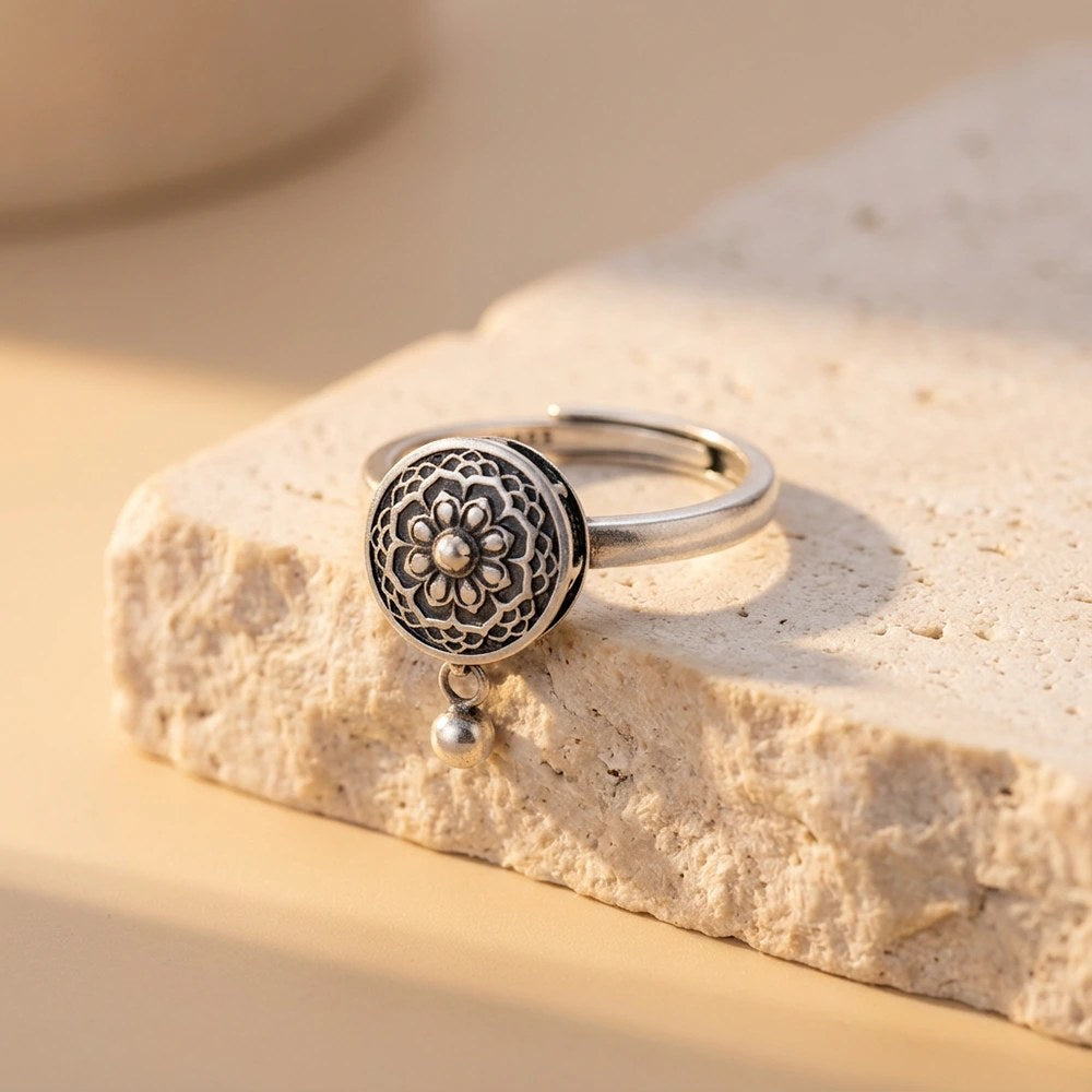 Bague Fleur de Lotus à Roue Tournante, Taille Ajustable, Bijou Porte-Bonheur