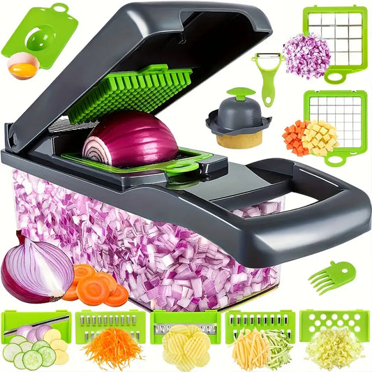 Coupe-Légumes Multifonction avec Réservoir – Mandoline Manuelle 16 en 1 pour Émincer, Trancher et Râper Facilement