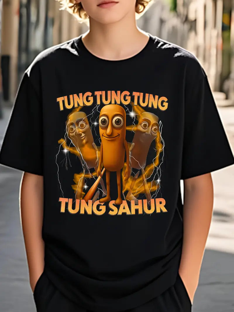 T-shirt Garçon Bleu Amusant – Motif Cartoon 3D Tung Tung Sahur