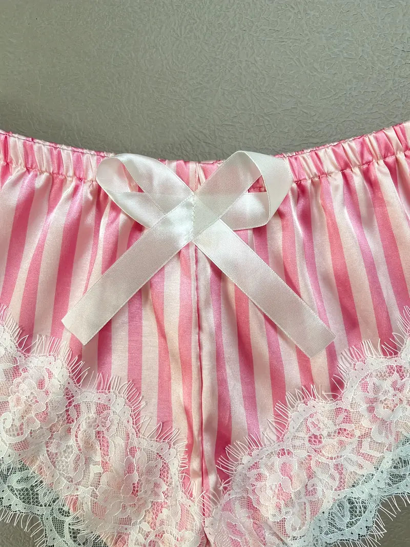 Ensemble Lingerie Femme Satin Rayé et Dentelle – Sous-vêtements et Pyjamas Sexy 2 Pièces Bralette & Short