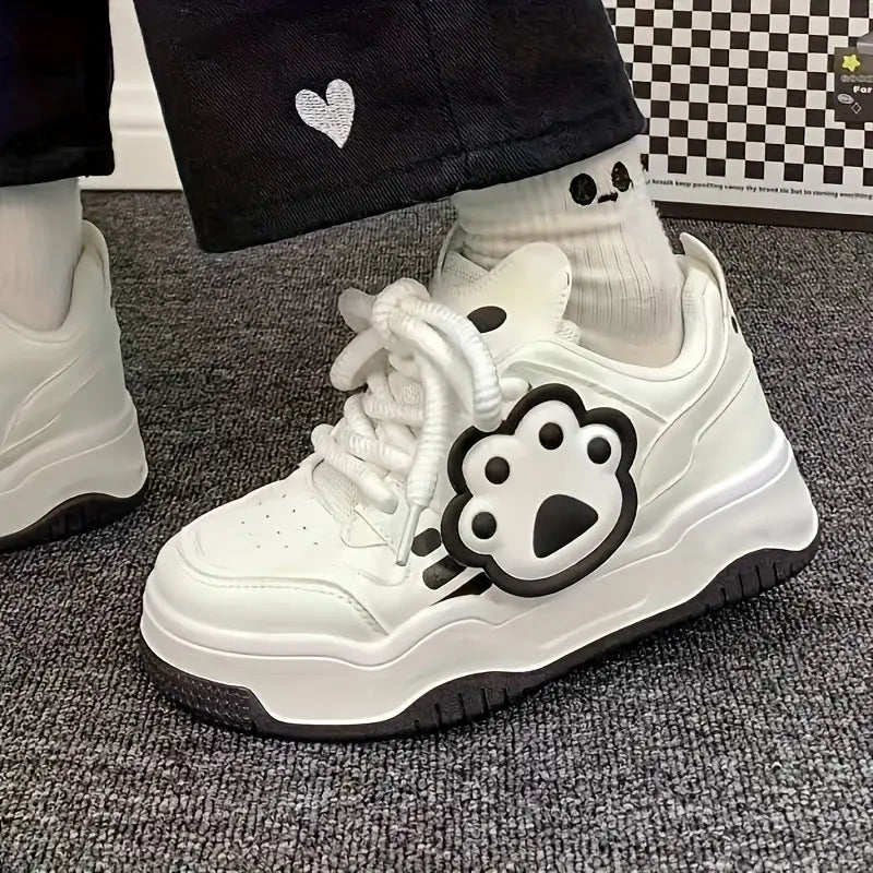 Chaussures de sport fille – Baskets blanches avec motif patte de chat kawaii confortables et tendance