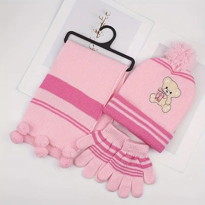 Ensemble Hiver Enfant – Bonnet Ours Pompon, Écharpe à Pompons et Gants Chauds