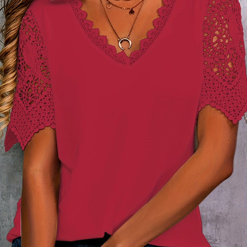 T-shirt Élégant Plus Size Col V en Dentelle Contrastée