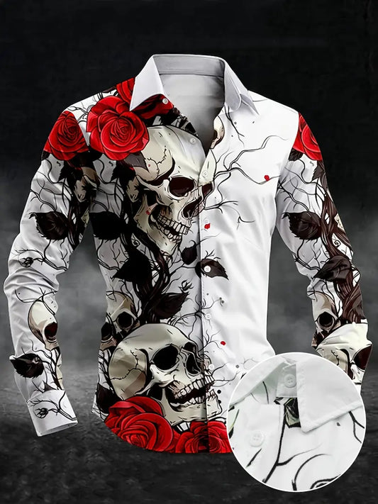 Chemise fantaisie homme – Motif crâne et roses rouges, Style gothique tendance et original