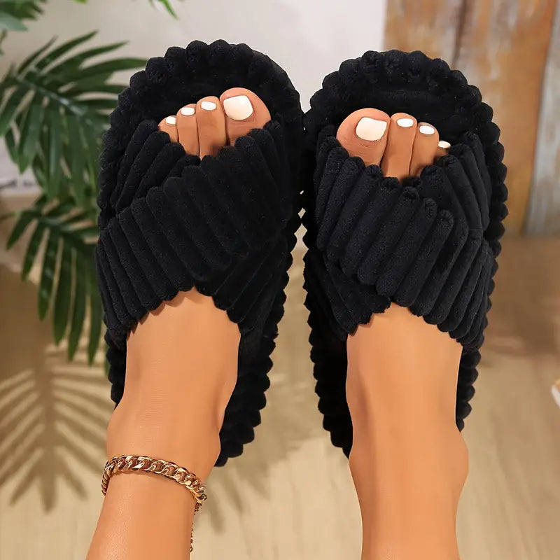 Chaussons Croisés Femme en Fausse Fourrure – Mules Hiver Douces et Confortables pour Intérieur
