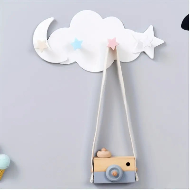 Patère murale nuage et étoiles pour chambre bébé – Porte-manteau décoratif bois pastel