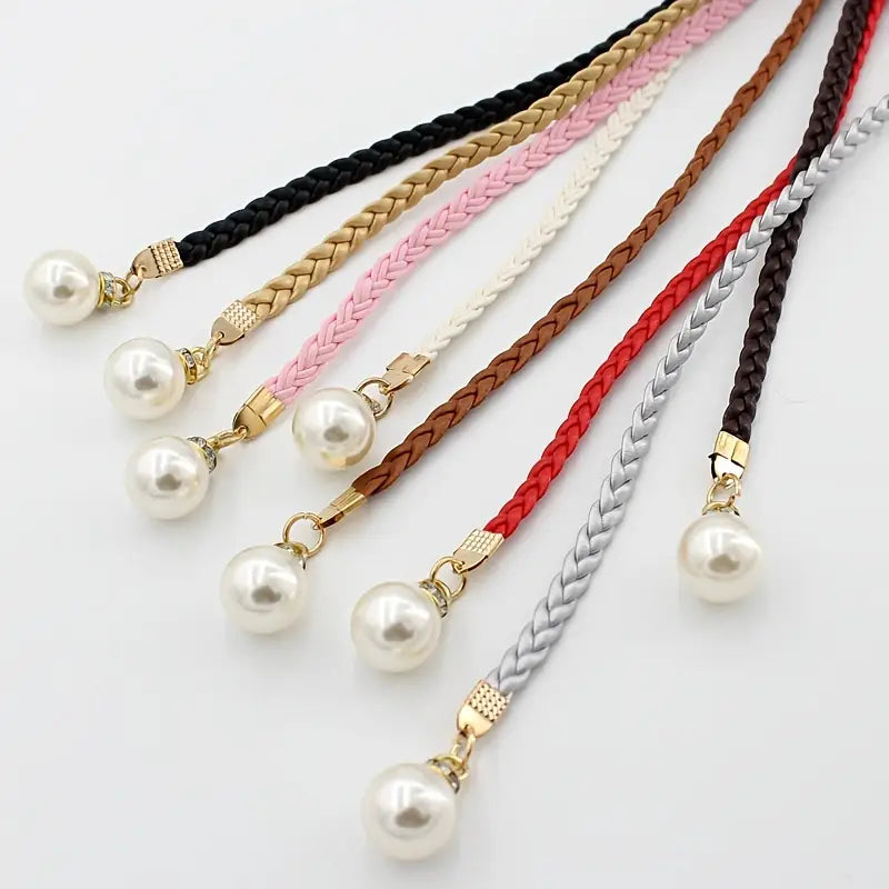 Ceinture femme fine tressée rouge avec perles – Accessoire chic et élégant