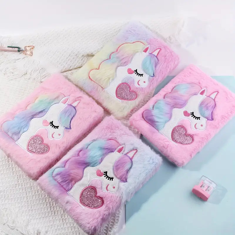 Carnet Fourrure Licorne Arc-en-Ciel avec Stylo Pompon – Journal Intime Enfant Mignon