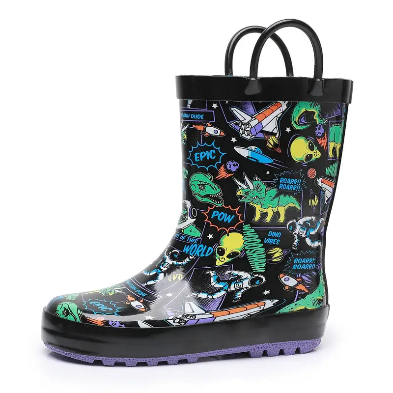 Bottes de pluie garçon noires à motifs dinosaures et espace – Bottes imperméables colorées avec poignées