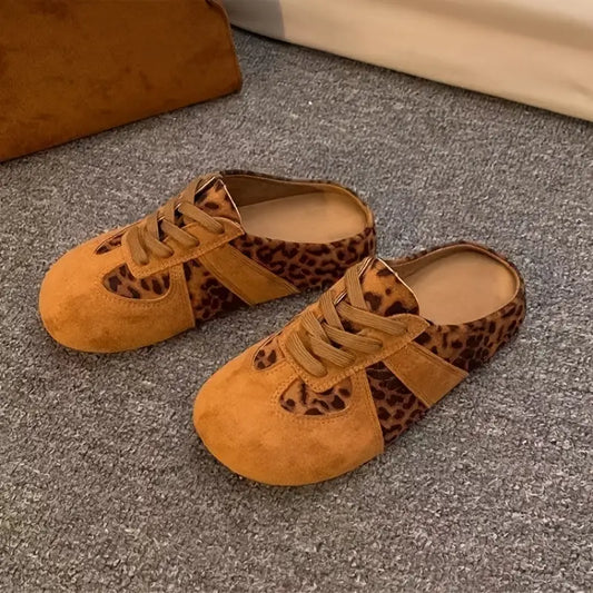 Mules fille à lacets motif léopard – Sabots décontractés en suédine confortable