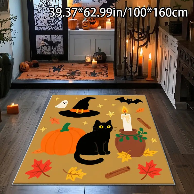 Tapis Halloween Citrouille et Chat Noir – Décoration Effrayante pour Salon, Entrée et Fête