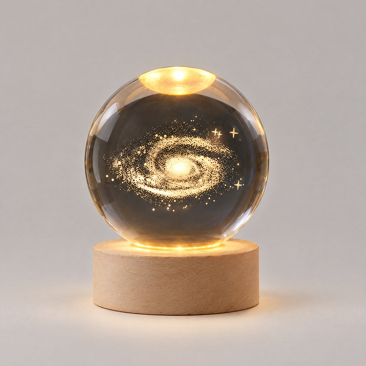 Boule de Cristal Lumineuse Gravée 3D sur Socle en Bois – Veilleuse LED USB