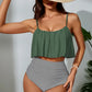 Bikini deux pièces femme – Haut à volants vert kaki/Rose & culotte taille haute rayée