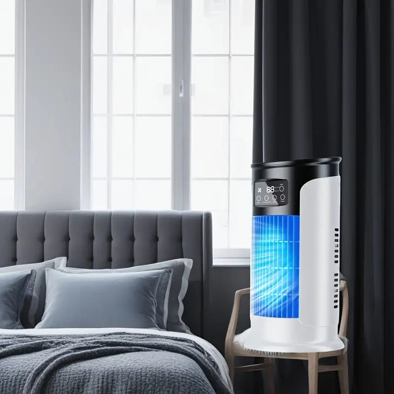 Ventilateur Refroidisseur d’Air avec Écran Tactile LED – Purificateur Silencieux 4 en 1 avec Minuterie, Brumisation et Vitesses Réglables