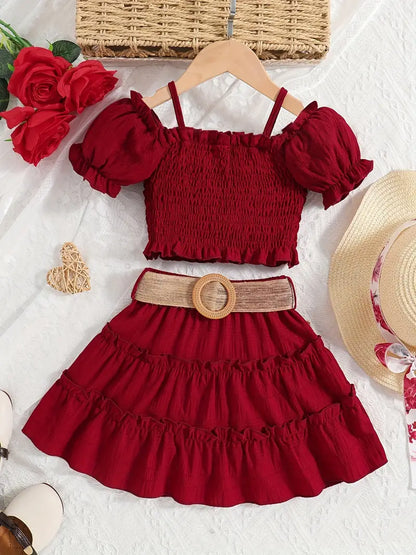 Hauts fille été chic – Top smocké à manches bouffantes avec jupe, coloris Cramoisi