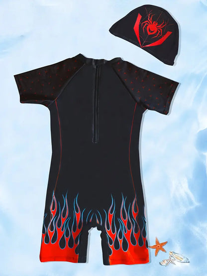 Maillot de bain garçon une pièce noir et rouge motif super-héros araignée + bonnet – Combinaison anti-UV été
