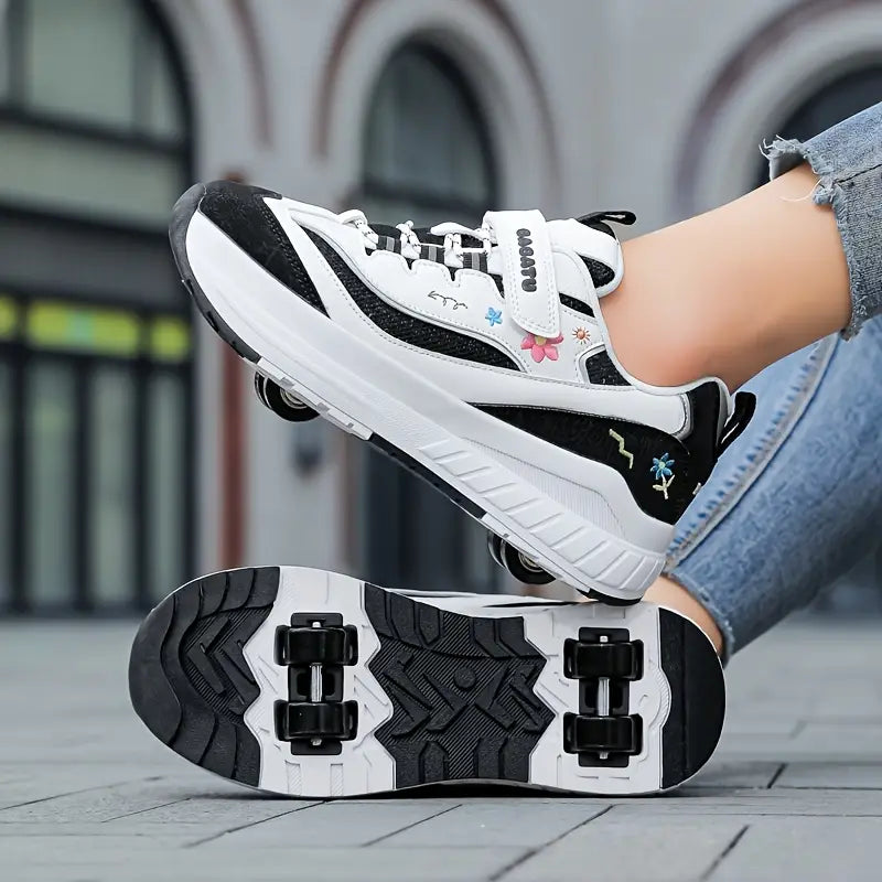 Chaussures de sport fille – Baskets à roulettes violettes et blanches avec motifs fleuris tendance
