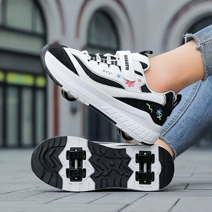 Chaussures de sport fille – Baskets à roulettes violettes et blanches avec motifs fleuris tendance