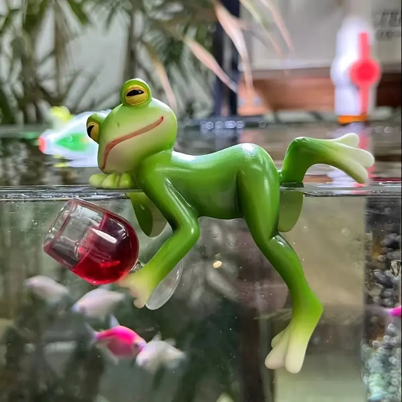 Statuette grenouille décorative avec verre de vin – Sculpture de jardin humoristique et originale