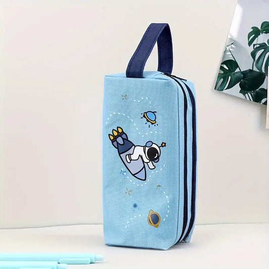 Trousse Scolaire Enfant à Double Fermeture Éclair – Motif Astronaute et Fusée