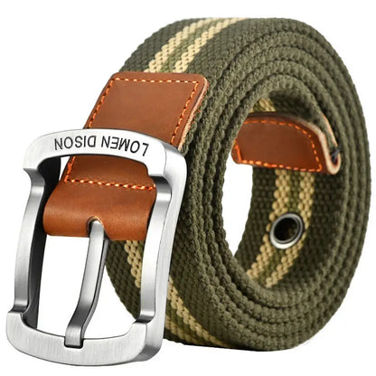 Ceinture homme en toile tressée avec boucle métallique et cuir, coloris Rayure-vert