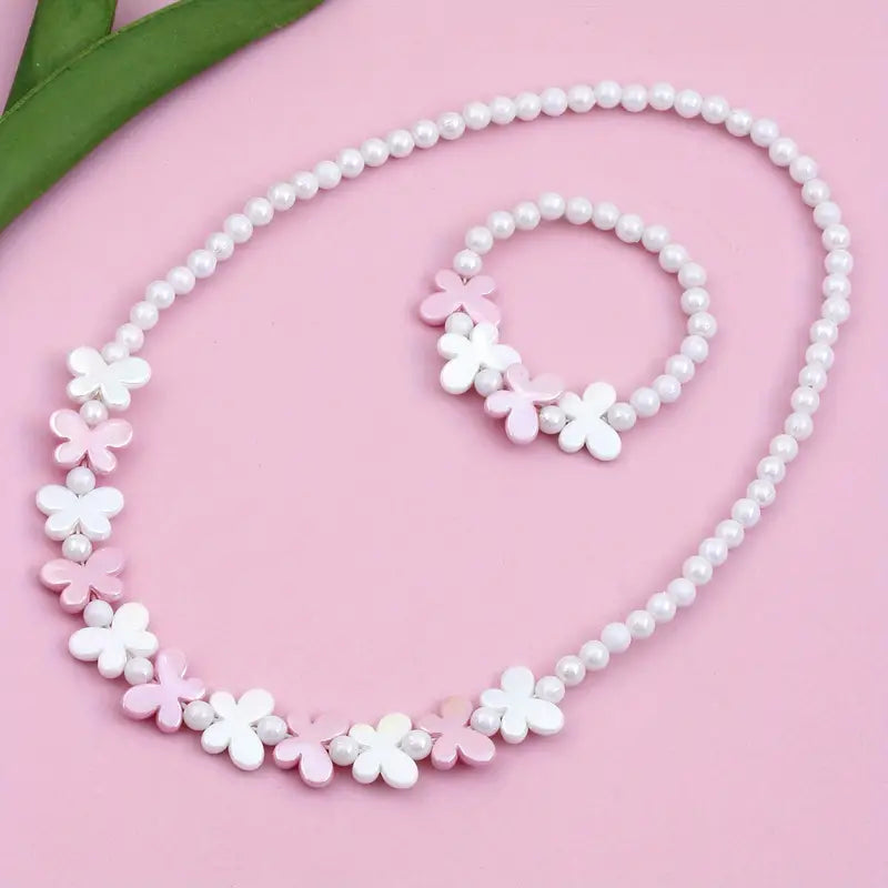 Parure Bijoux Enfant Collier et Bracelet Perles Papillon – Fantaisie Rose et Blanc