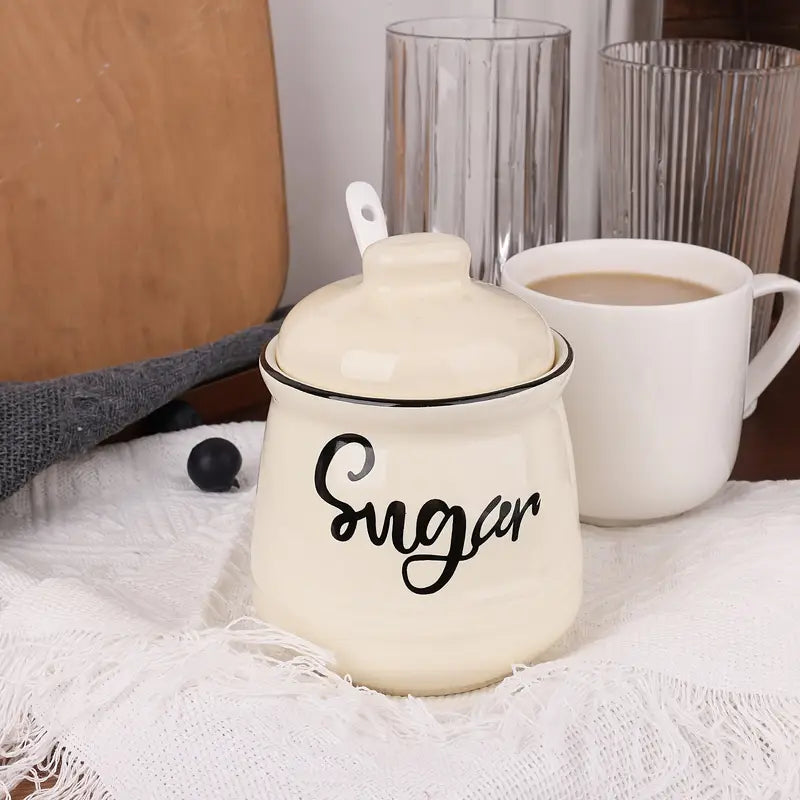 Pot à Sucre en Céramique avec Couvercle et Cuillère – Design Vintage pour Cuisine ou Petit-Déjeuner Chic