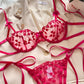 Ensemble Lingerie Sexy Femme en Dentelle Transparente – Soutien-Gorge à Armatures et String à Nouer avec Fleurs Brodées