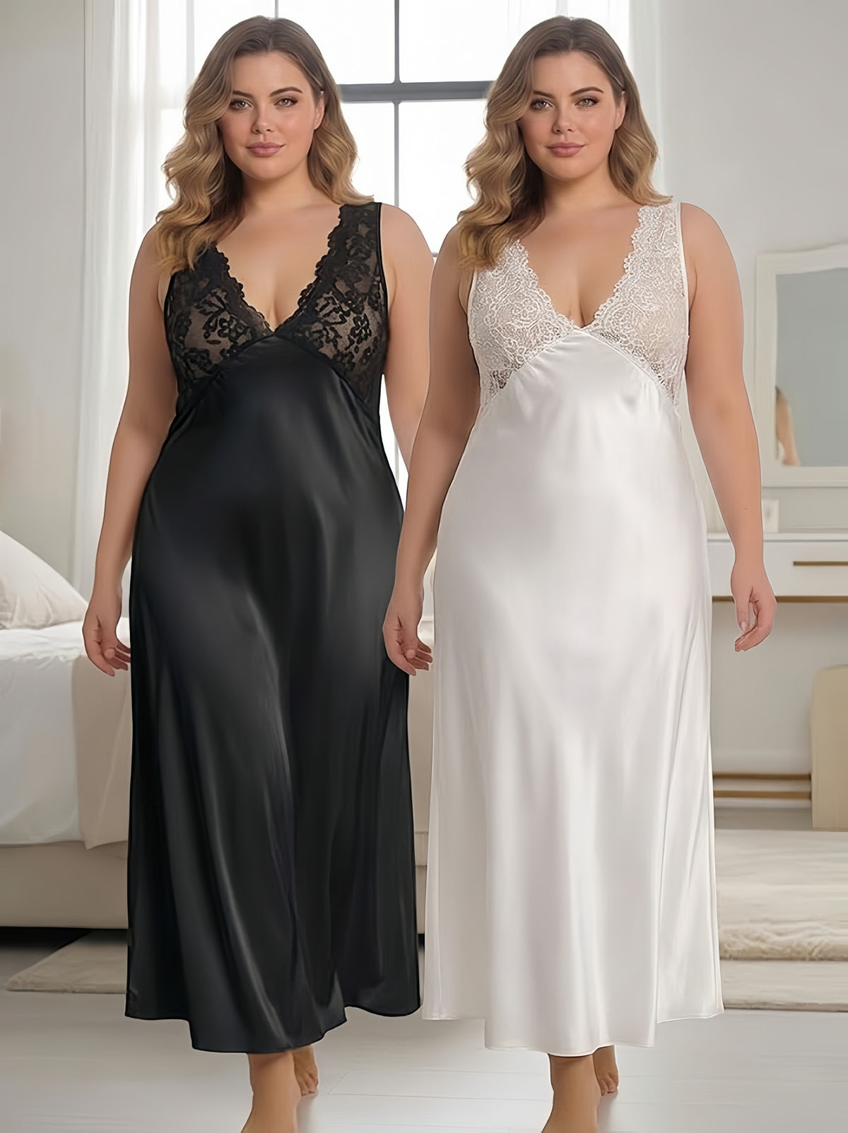 Lot de 2 longues nuisettes grande taille avec larges bretelles