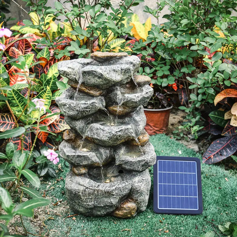 Fontaine solaire cascade extérieure  Décoration de jardin avec effet roche et éclairage LED intégré