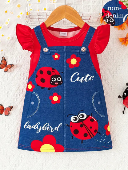 obe Bébé Fille en Jean Imprimé Coccinelle – Tenue Mignonne et Colorée