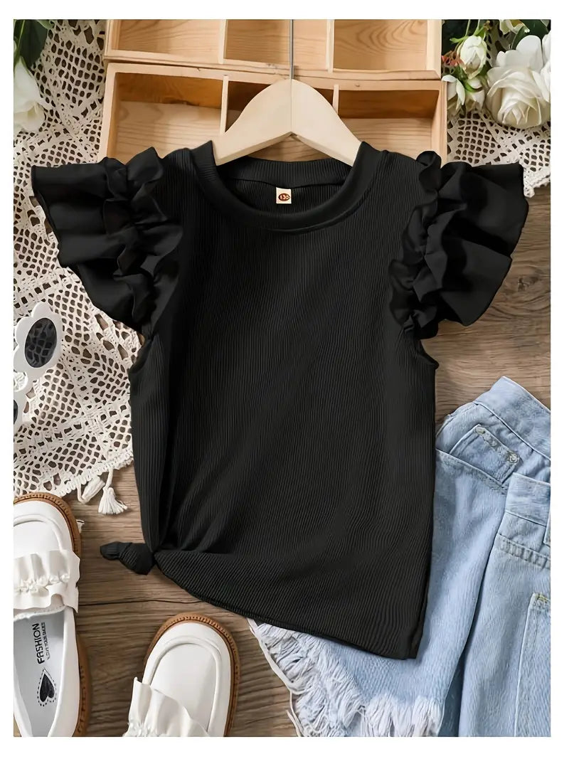 T-shirt fille rose sans manches à volants – Haut léger et élégant pour l’été