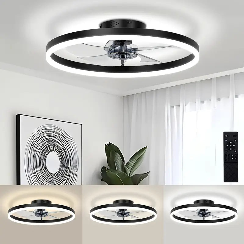 Ventilateur de Plafond LED Moderne avec Lumière Anneau et Télécommande – Silencieux, 3 Couleurs d’Éclairage