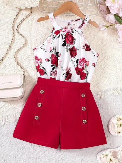 Chemise fille été sans manches motif papillons avec short violet chic