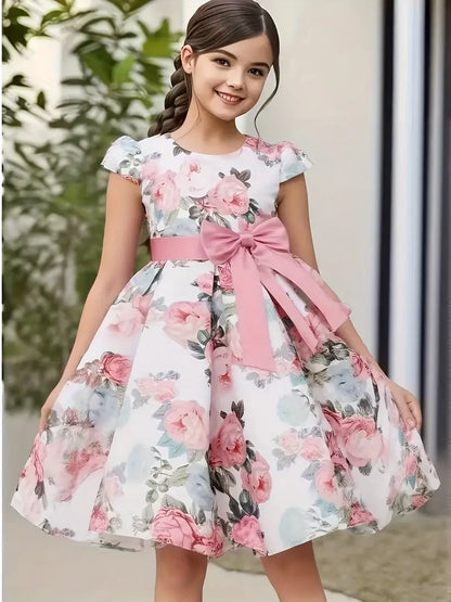 Robe fille élégante à fleurs multicolores – Robe de cérémonie avec grand nœud violet