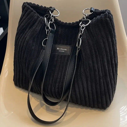 Sac Cabas Femme en Velours Côtelé Beige avec Anses Marron – Élégant et Tendance