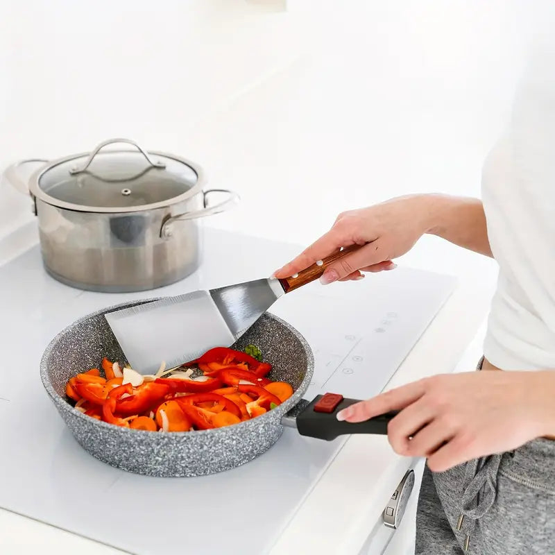 Spatule de Cuisine et Barbecue en Acier Inoxydable avec Manche en Bois – Outil de Cuisson pour Grillades et Plancha