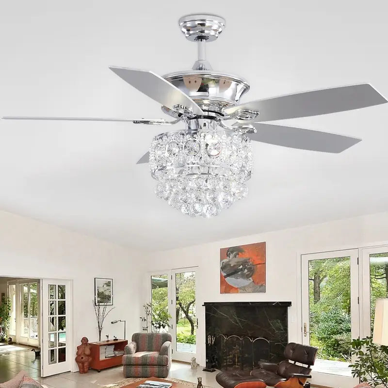 Ventilateur de plafond avec lustre cristal – 5 pales réversibles et éclairage LED élégant